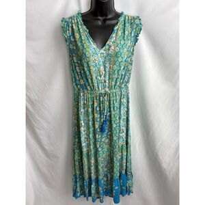 Knox Rose Floral Midi Maxi Dress Ruffle Sleeve Blue Green Bohemian Ethnic Boho M